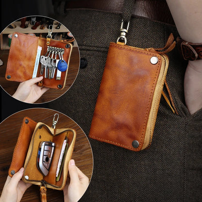 Men's Retro Leather Key Wallet with Card Slots & Zipper Coin Purse