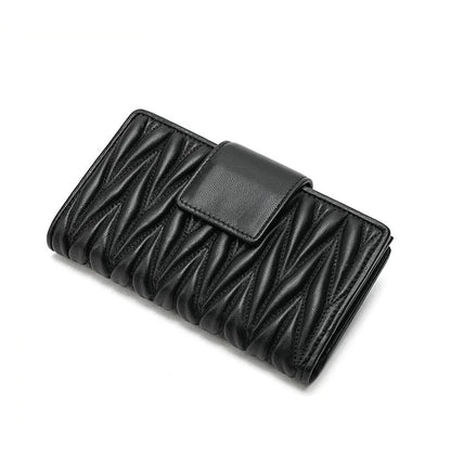 Women's Long Genuine Sheepskin Leather Wallet – Pleated Large Capacity Zipper Clutch