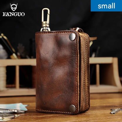 Men's Retro Leather Key Wallet with Card Slots & Zipper Coin Purse