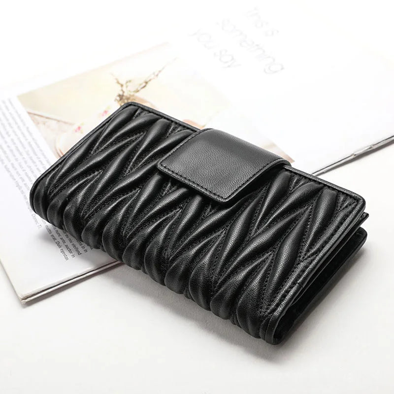 Women's Long Genuine Sheepskin Leather Wallet – Pleated Large Capacity Zipper Clutch