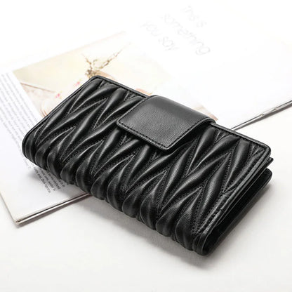 Women's Long Genuine Sheepskin Leather Wallet – Pleated Large Capacity Zipper Clutch