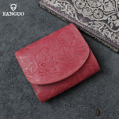 Genuine Leather Short Wallet – Floral Embossed Bifold Card Holder