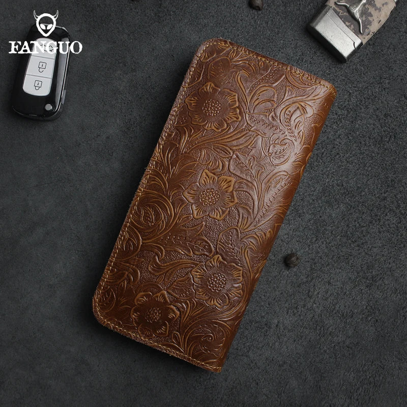 Genuine Leather Long Wallet – Floral Embossed Bifold for Men & Women