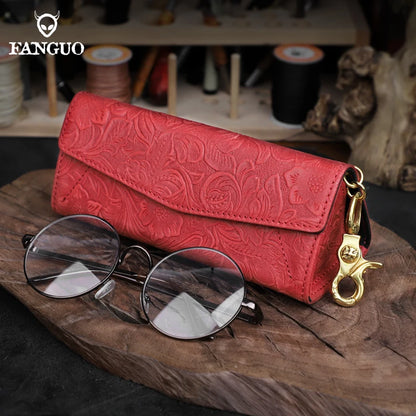 Genuine Leather Eyewear Case with Floral Embossing & Magnet Closure