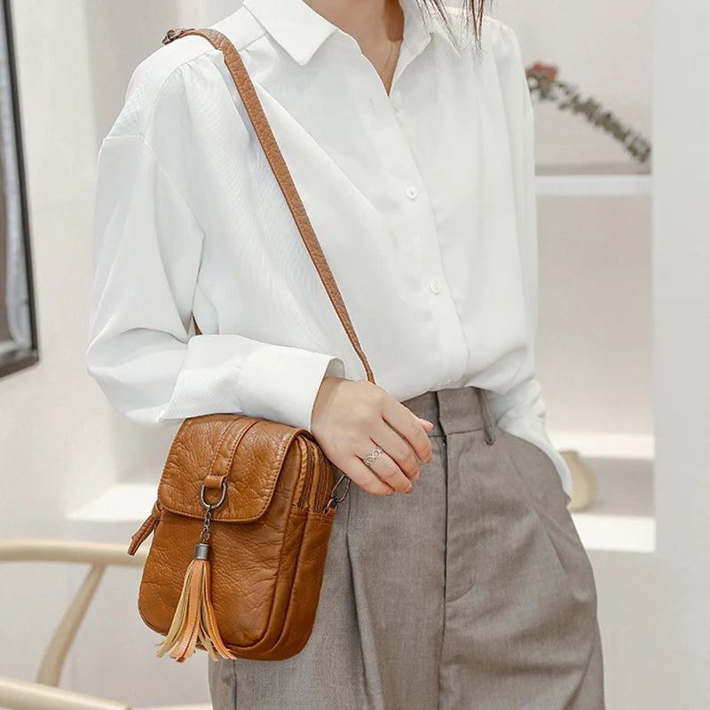 Tassel Leather Crossbody Phone Bag – Women's Retro Purse