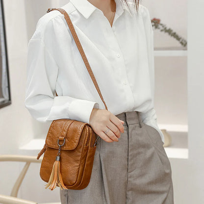 Tassel Leather Crossbody Phone Bag – Women's Retro Purse