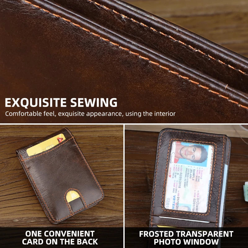 Genuine Leather Slim Wallet – Retro Credit Card Holder & Coin Purse for Men