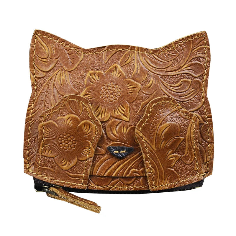 Cute Cat Leather Coin Purse – Handmade Floral Embossed Mini Wallet