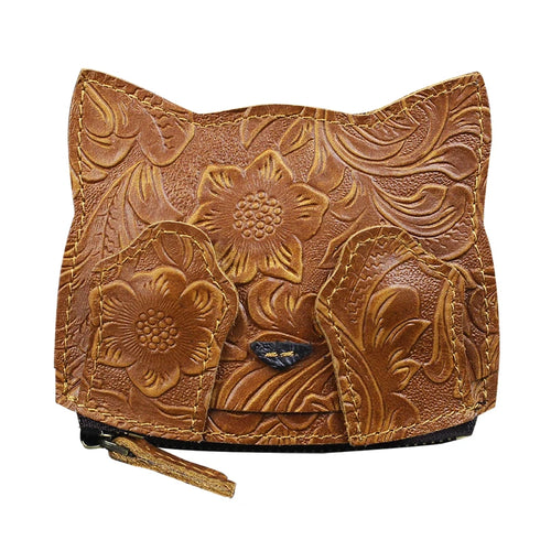 Cute Cat Leather Coin Purse – Handmade Floral Embossed Mini Wallet