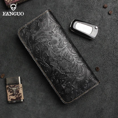Genuine Leather Long Wallet – Floral Embossed Bifold for Men & Women