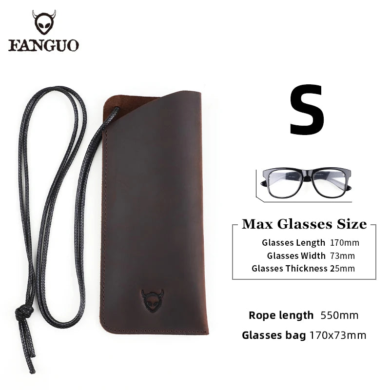 Genuine Leather Glasses Case Soft Pouch with Neck Strap