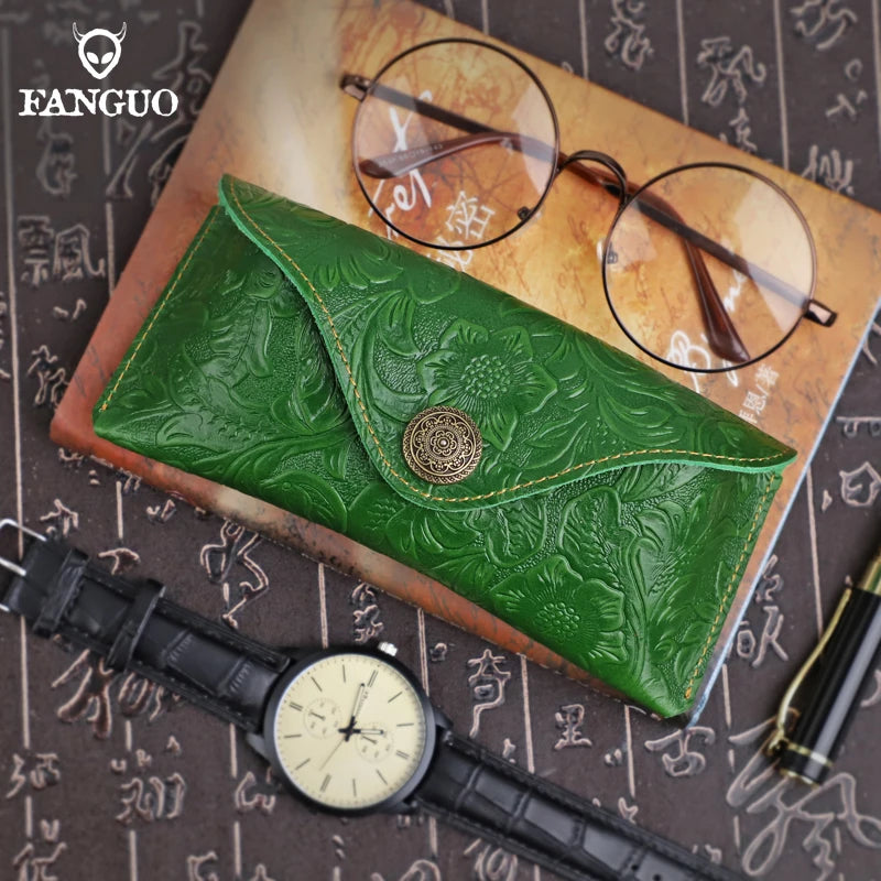 Handmade Genuine Leather Glasses Case – Vintage Floral Embossed