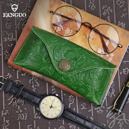 Handmade Genuine Leather Glasses Case – Vintage Floral Embossed