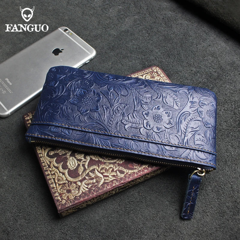 Genuine Leather Long Wallet for Women – Floral Embossed Clutch Purse