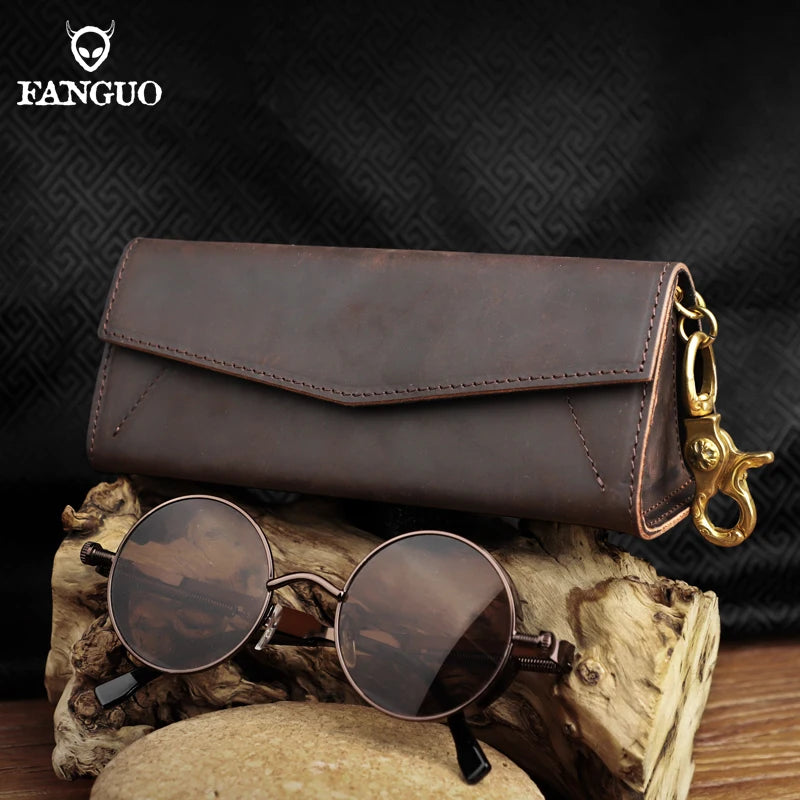 Genuine Leather Sunglasses Case – Retro Folding Eyewear Box with Magnet