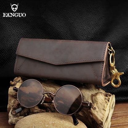 Genuine Leather Sunglasses Case – Retro Folding Eyewear Box with Magnet