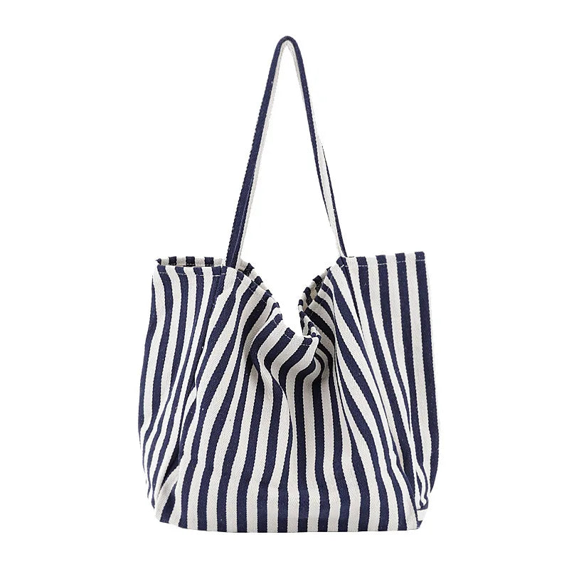 Striped Canvas Tote Bag – Large Capacity Women's Shoulder Bag