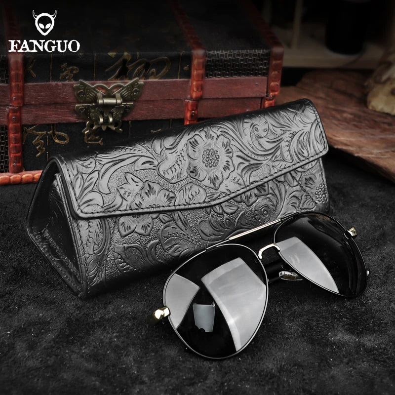 Genuine Leather Eyewear Case with Floral Embossing & Magnet Closure