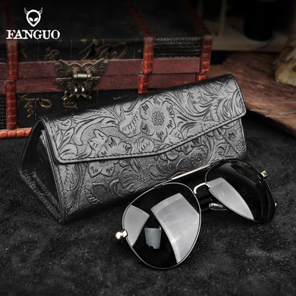 Genuine Leather Eyewear Case with Floral Embossing & Magnet Closure