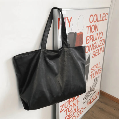 Black Color Oversized Tote Bags Women 2021 Lightweight Big Capacity Soft Leather Shoulder Bag Unisex