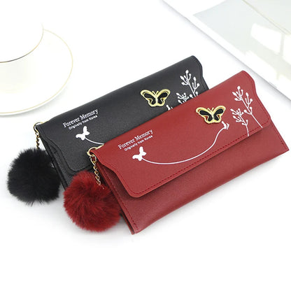 Women's Long Wallet – Butterfly PU Leather Purse with Pom-Pom