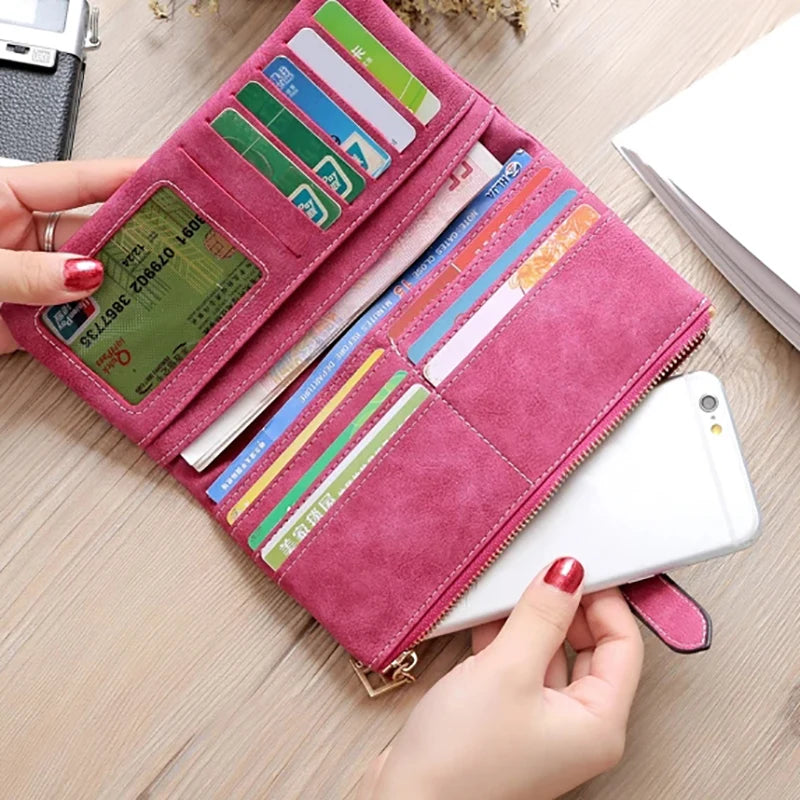 Women's Nubuck Leather Long Wallet – Drawstring Zipper Purse
