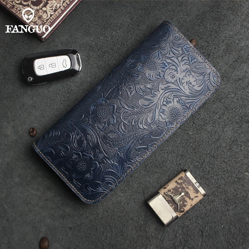 Genuine Leather Long Wallet – Floral Embossed Bifold for Men & Women