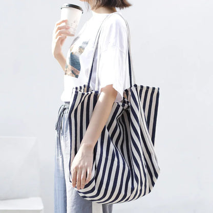 Striped Canvas Tote Bag – Large Capacity Women's Shoulder Bag