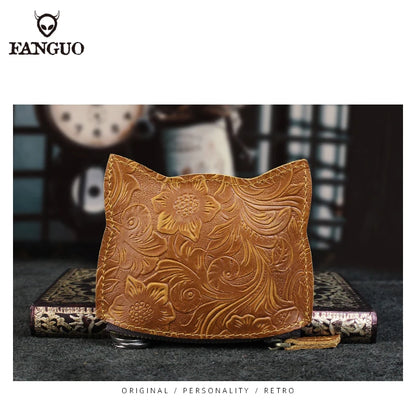 Cute Cat Leather Coin Purse – Handmade Floral Embossed Mini Wallet