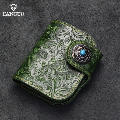 Handmade Genuine Leather Short Wallet – Floral Embossed Men's Bifold
