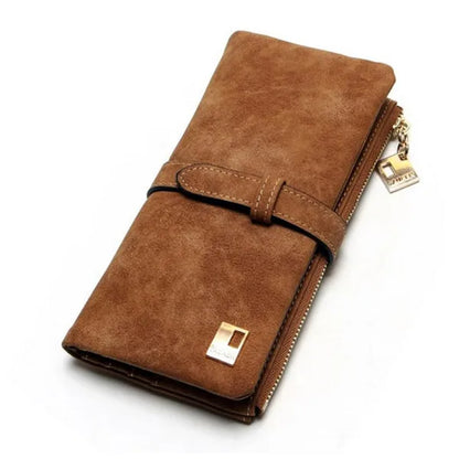 Women's Nubuck Leather Long Wallet – Drawstring Zipper Purse