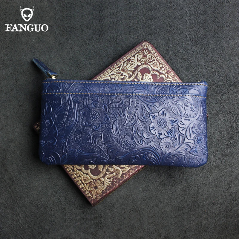 Genuine Leather Long Wallet for Women – Floral Embossed Clutch Purse
