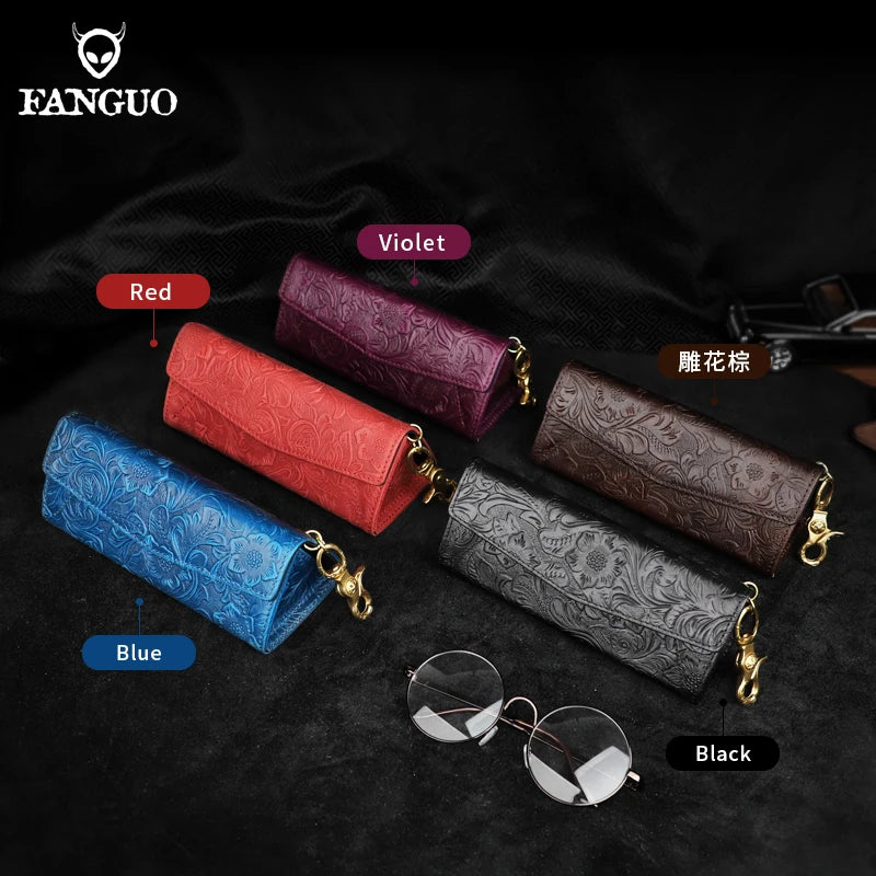 Genuine Leather Eyewear Case with Floral Embossing & Magnet Closure