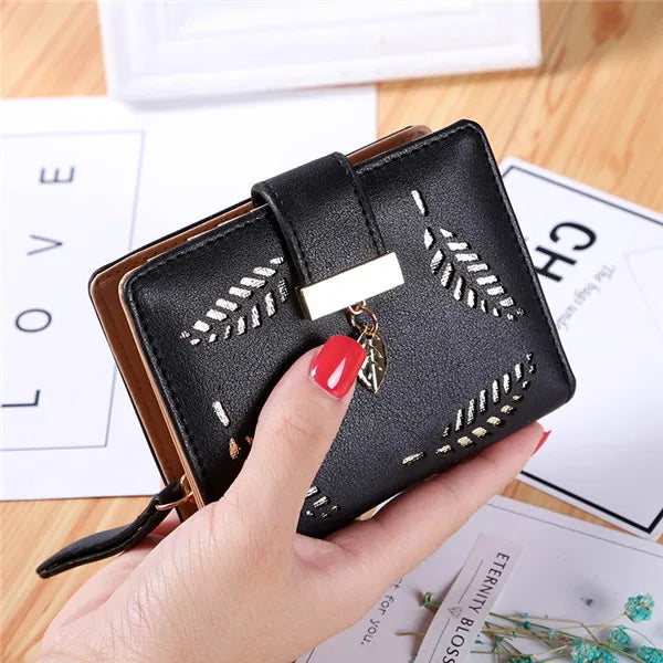 Women's Leaf Hollow-Out Leather Wallet – Compact Clutch Purse