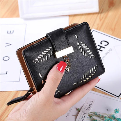 Women's Leaf Hollow-Out Leather Wallet – Compact Clutch Purse