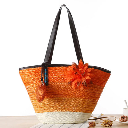 2022 Straw Handwoven Tote Shoulder Bag 2 In1 Crochet Braided Handbag Applique Hit Color Striped