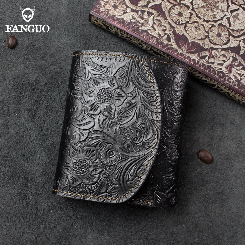 Genuine Leather Short Wallet – Floral Embossed Bifold Card Holder