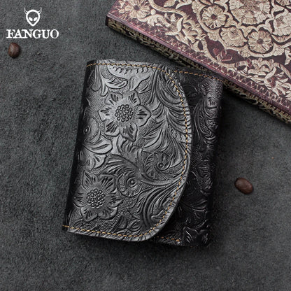 Genuine Leather Short Wallet – Floral Embossed Bifold Card Holder