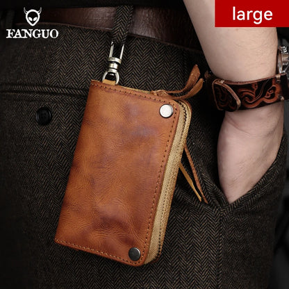 Men's Retro Leather Key Wallet with Card Slots & Zipper Coin Purse