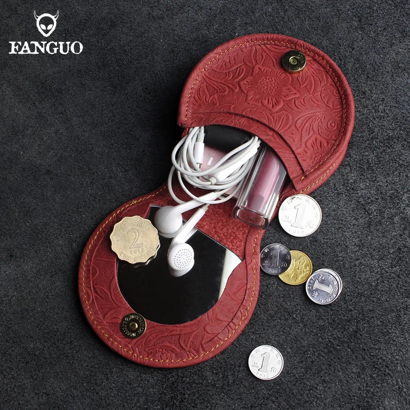 Crazy Horse Leather Mini Coin Purse – Floral Embossed Women's Wallet & Key Holder