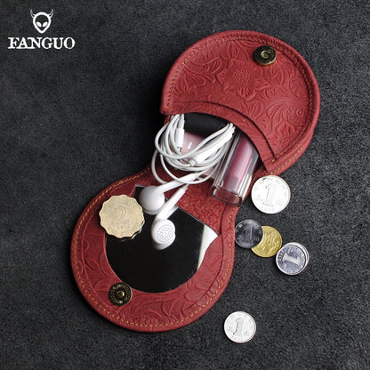 Crazy Horse Leather Mini Coin Purse – Floral Embossed Women's Wallet & Key Holder