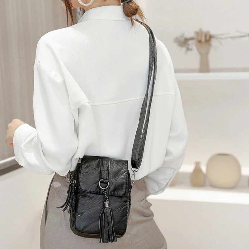 Tassel Leather Crossbody Phone Bag – Women's Retro Purse