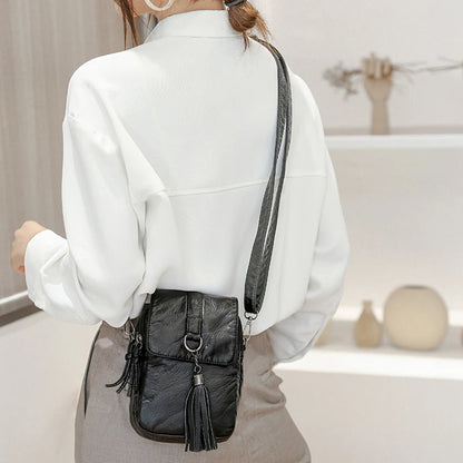 Tassel Leather Crossbody Phone Bag – Women's Retro Purse