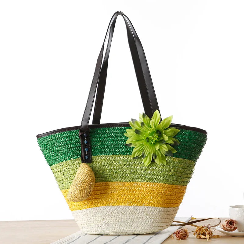 2022 Straw Handwoven Tote Shoulder Bag 2 In1 Crochet Braided Handbag Applique Hit Color Striped