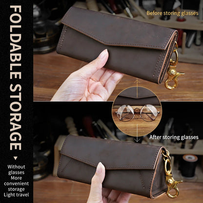 Genuine Leather Sunglasses Case – Retro Folding Eyewear Box with Magnet