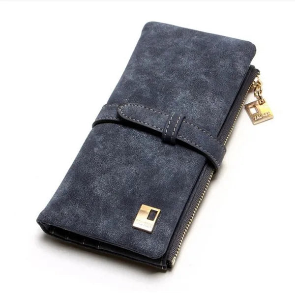 Women's Nubuck Leather Long Wallet – Drawstring Zipper Purse