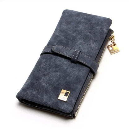 Women's Nubuck Leather Long Wallet – Drawstring Zipper Purse