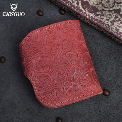 Men's Genuine Cowhide Leather Short Wallet – Floral Embossed Card Holder