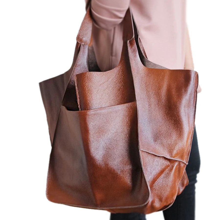 Casual Soft Large Capacity Tote Women Handbags Designer Aged Metal Look Luxury Pu Leather Shoulder