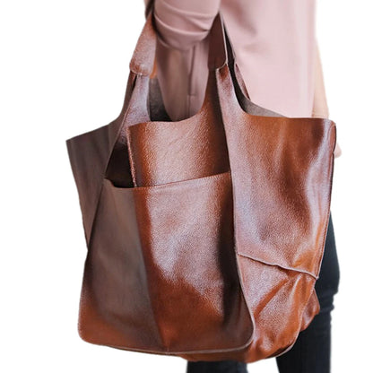 Casual Soft Large Capacity Tote Women Handbags Designer Aged Metal Look Luxury Pu Leather Shoulder
